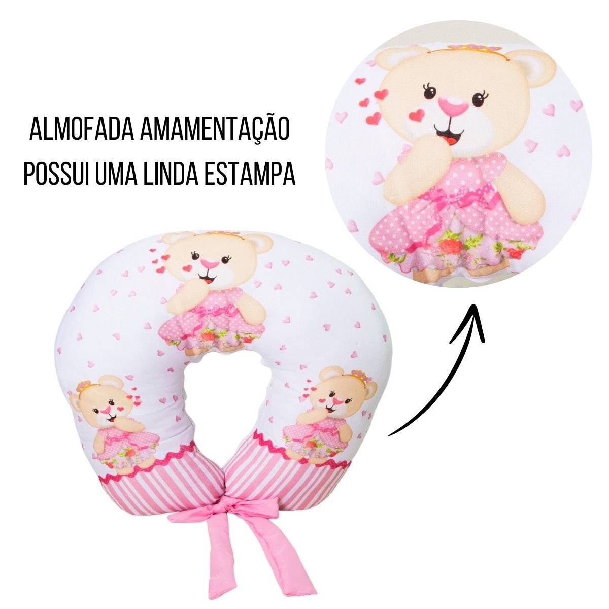 Almofada Amamentação Estampada Bebê Menina com Enchimento e Zíper - Ursinha Romântica - 9