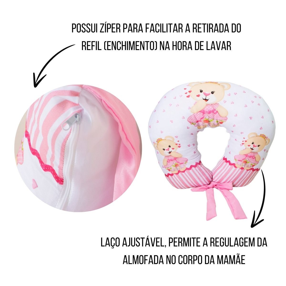 Almofada Amamentação Estampada Bebê Menina com Enchimento e Zíper - Ursinha Romântica - 7