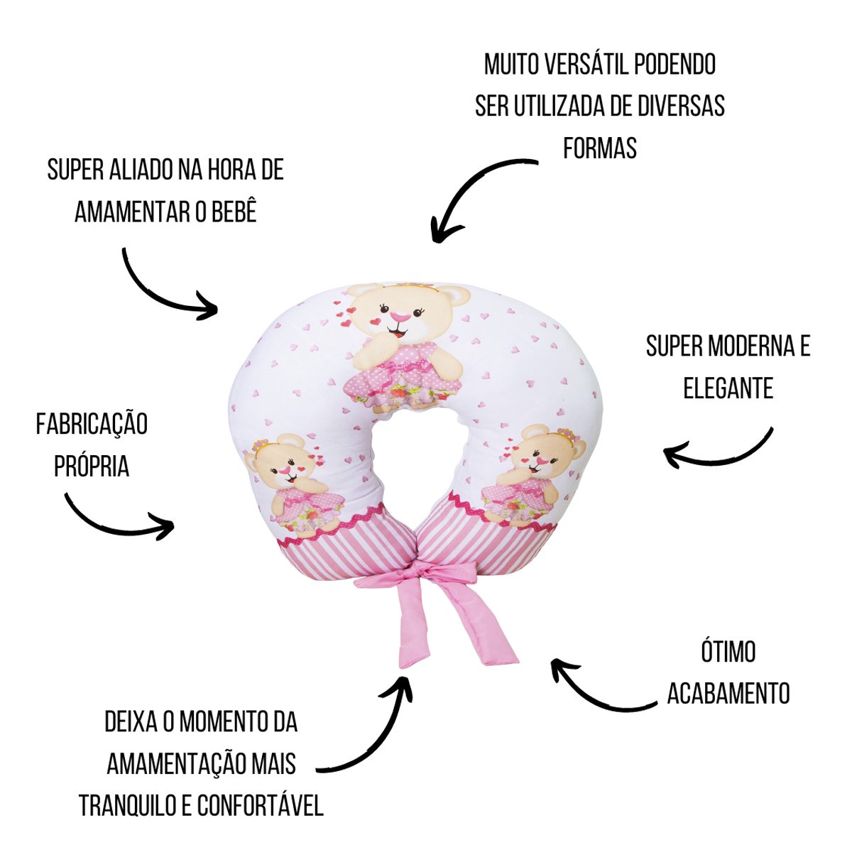 Almofada Amamentação Estampada Bebê Menina com Enchimento e Zíper - Ursinha Romântica - 3