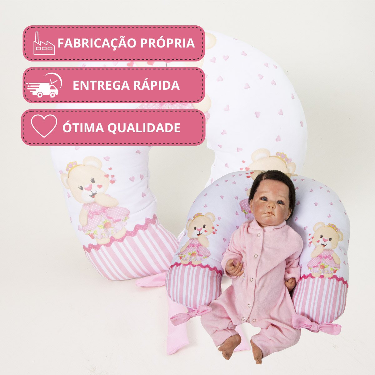 Almofada Amamentação Estampada Bebê Menina com Enchimento e Zíper - Ursinha Romântica - 5