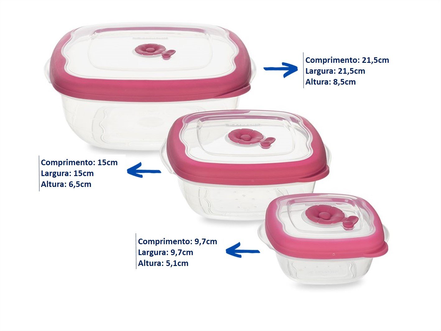 Kit 3 Potes Plásticos Herméticos BPA Free Sanremo Flor 1x280ml 1x920ml 1x2,7l Quadrado Rosa - 5