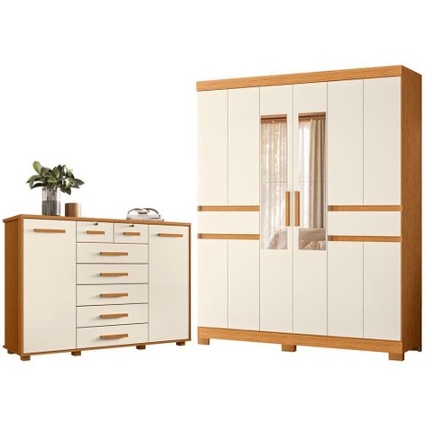 Guarda Roupa Casal Olimpia 10 Portas com Espelho e Cômoda Fontana Cinamomo Off White - Móveis