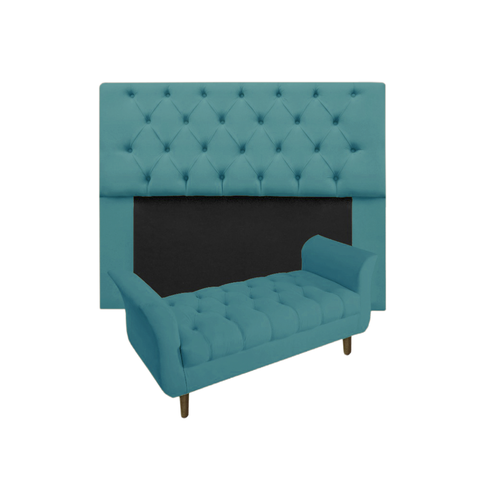 Cabeceira Estofada Mirage e Recamier Grécia Queen 160 Cm Suede Azul Turquesa - Incasa Decor