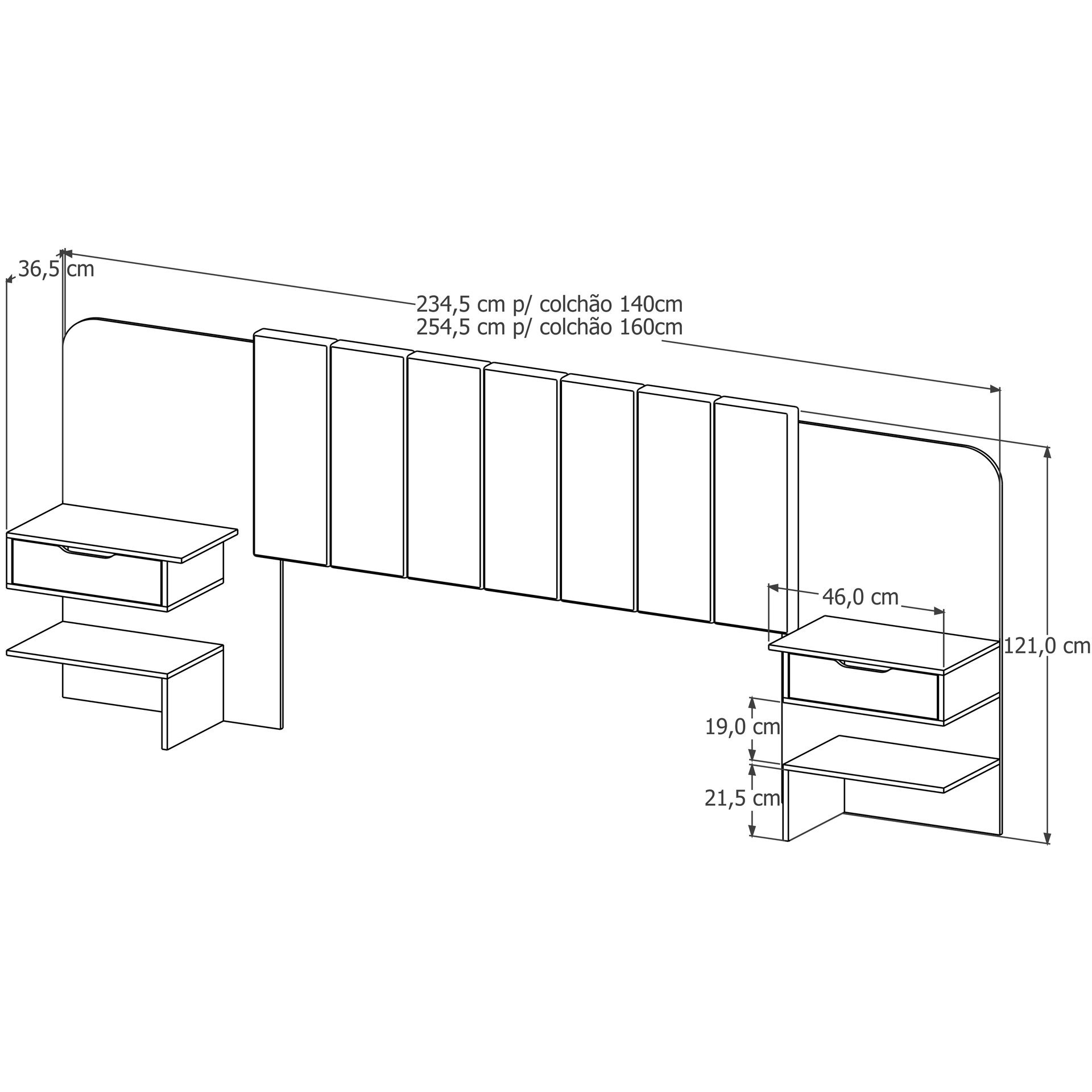 Cabeceira Box Maisa Ajustavel Estofada com Gaveta e Prateleira com Mesa de Cabeceira Quarto Casal - 3