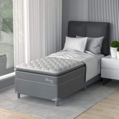 Cama Box Solteiro D40 Classic C Pillow 88x188x50cm Branco/Cinza Montreal