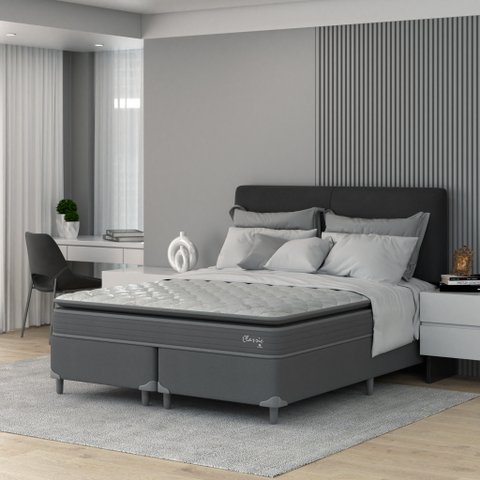 Cama Box Queen D40 Classic C Pillow 158x198x54cm Branco/Cinza Montreal