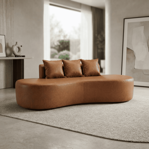 Sofá Tóquio Puff Orgânico Corino 200cm com 3 Almofadas Design Curvo Luxo para Sala e Recepção:Carame