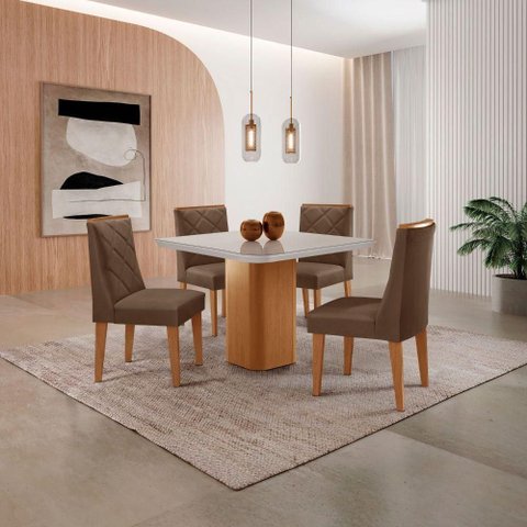Mesa de Jantar Eloise Canto Copo 4 Cadeiras Isadora Moderna Veludo Marrom/off White/naturale