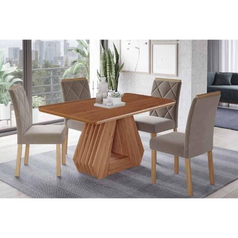 Conjunto: Mesa Sala Jantar Ágata Tampo Madeirado 130x80cm e 4 Cadeiras Fernanda Cinamomo - Carvalho