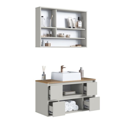 Conjunto para Banheiro 88,4cm com Cuba Gabinete Suspenso e Espelheira Berlin Art In Móveis