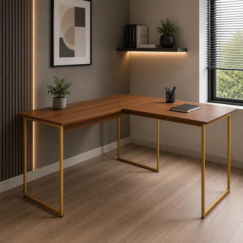 Escrivaninha em L para Home Office com Pé de Ferro Max 150x150 cm - Freijó/Dourado
