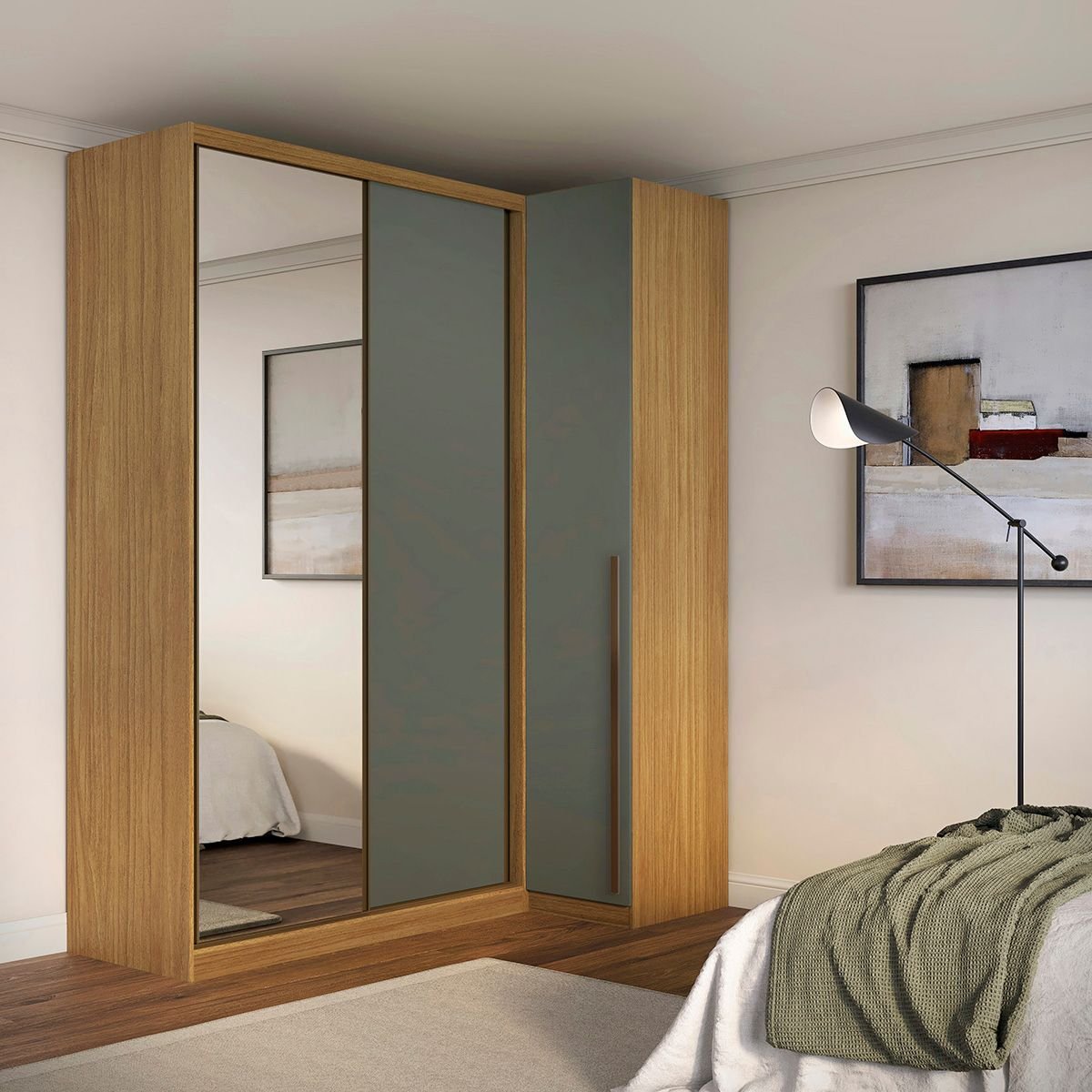 Guarda Roupa de Canto Porta de Correr com Espelho 3 Portas Mdf