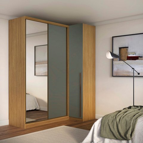 Guarda Roupa de Canto Porta de Correr com Espelho 3 Portas Mdf Altezza Trend Belmax:freijó/titânio