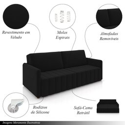 Sofá-cama Decorativo Retrátil Thanos 2 Lugares 192cm Veludo Preto G45 - Gran Belo - 3