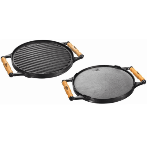 Chapa Ferro Fundido Dupla Face 30cm Redonda Grill Bifeteira com Alça de Madeira
