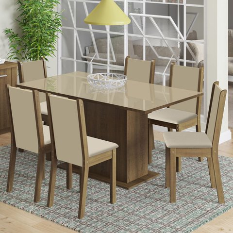 Conjunto Sala de Jantar Moscou Plus Madesa Mesa Tampo de Vidro com 6 Cadeiras Rustic/Crema/Pérola Co