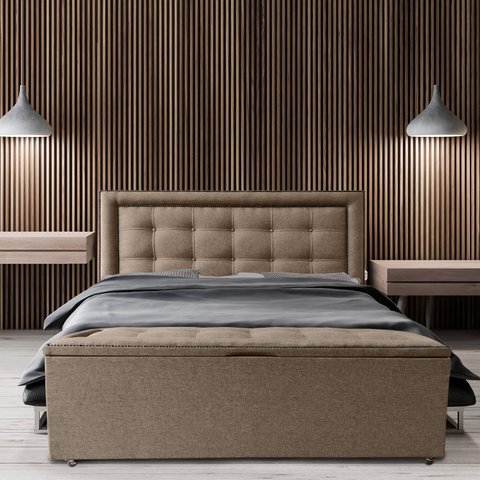 Kit Cabeceira e Recamier Baú Estofado Veneza Diamond Linho Bege Queen Rbl