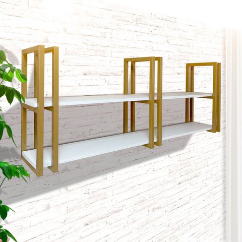 Prateleira Estilo Industrial Casa Suspensa Dourada e Branca