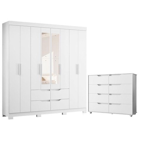Guarda Roupa Casal com Cômoda Doble 8 Portas de Bater com Espelho 4 Gavetas MDP Branco Freijo