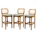 Ver imagem 1 de Kit 3 Banquetas Alta com Encosto Decor Madeira Imbuia Encosto Rattan Linho Linho Verde L84 Rmi