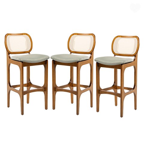 Kit 3 Banquetas Alta com Encosto Decor Madeira Imbuia Encosto Rattan Linho Linho Verde L84 Rmi
