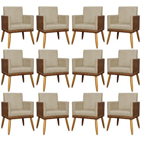 Kit 12 Poltronas Decorativas para Escritório Lis Corino e Pé Palito - Nude Suede Corino