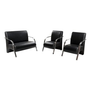 Conjunto Sevilha 2 Poltronas + 1 Namoradeira Braço Metal Decoração Recepção Sala - Corino Preto