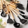 kit de utensílios de Cozinha Silicone cabo de Madeira 12 Pçs Cor:Preto - 4