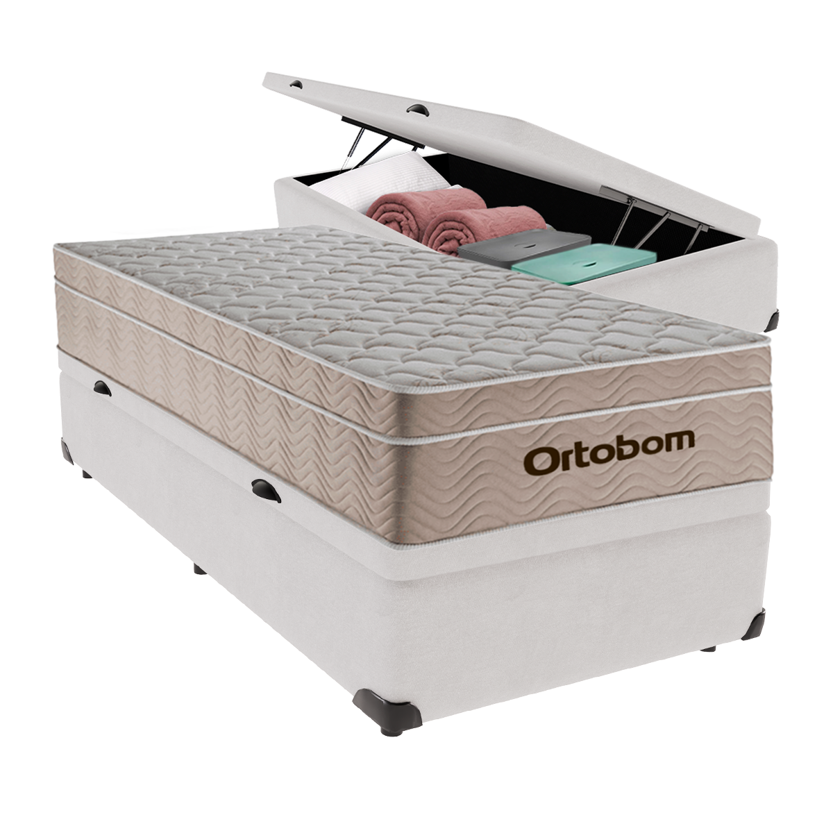 Cama Box com Baú Solteiro Branca e Colchão Ortobom Airtech Molas Ensacadas