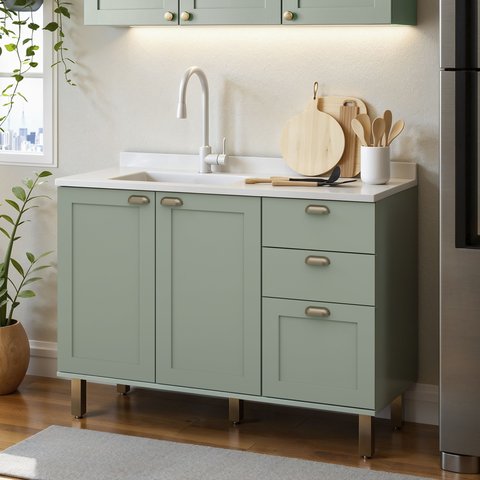 Balcão para Cozinha 2 Portas 3 Gavetas Provençais sem Tampo Iluminata Verde/Mint