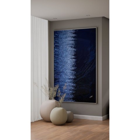 Quadro Mar Azul Abstrato Sombra e Luz 140x90cm Moldura Metalizada Prata Vidro