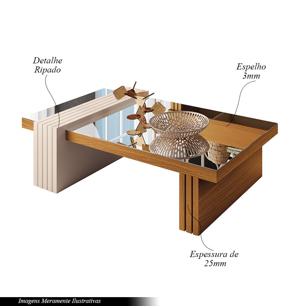 Mesa de Centro com Espelho Riad Decorativa Sala de Estar Cinamomo/Off White G26 - Gran Belo - 2