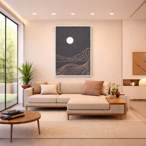 Quadro Canvas Lua e Colinas Minimalista 90x60cm Mold Branca
