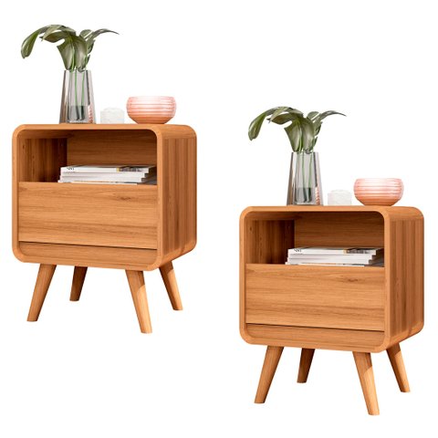 Kit 2 Mesas de Cabeceira Retrô com Gaveta e Nicho Channel - Nature