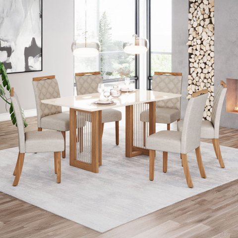 Conjunto Sala Jantar Mesa Yara 160 cm Canto Reto c/ Vidro 6 Cadeiras Bella Henn