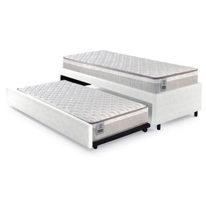 Bicama Box Solteiro Courino Linho Branco 88x188 com Dois Colchões Hanover Molas Ensacadas Inducol
