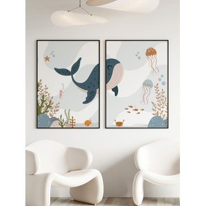 Kit 2 Quadros Decorativos Infantil Animais  Fundo Oceano No1