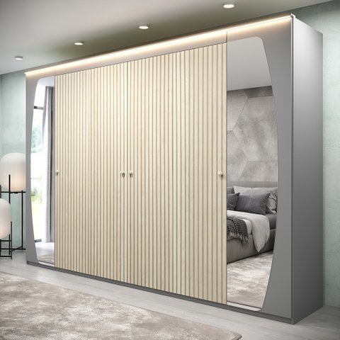Guarda Roupa Casal com Efeito Ripado, Espelho e LED 6 Portas 6 Gavetas Inovação 100% MDF