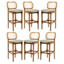 Ver imagem 1 de Kit 6 Banquetas para Área Gourmet Decor Encosto Rattan Madeira Imbuia Linho Linho Verde L84 Rmi