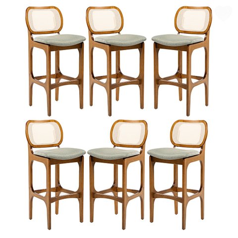 Kit 6 Banquetas para Área Gourmet Decor Encosto Rattan Madeira Imbuia Linho Linho Verde L84 Rmi