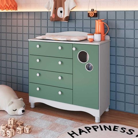 Cômoda para Quarto Infantil 93cm com Porta e 4 Gavetas Cor:branco com Verde