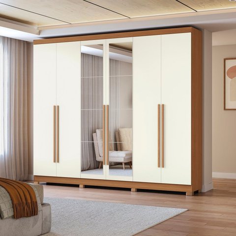 Guarda-Roupa 6 Portas e 3 Gavetas com Espelhos e Pés Dormitorio Bigger Lo Bege/Canela/Off Withe