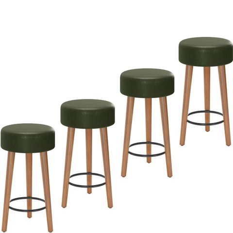 Kit 4 Bancos Banqueta Paris Couro Verde Mesa Gourmet Pés Madeira Ms Decor