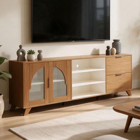 Rack para Sala de Estar TV 75 pol 180cm 2 Portas 2 Gavetas Mozart A05 Cinamomo Off White - Lyam