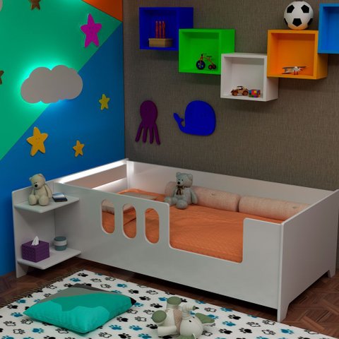 Cama Juvenil Livia com Led Usb Prateleiras Divaloto Acompanha Mesa de Cabeceira - Branco