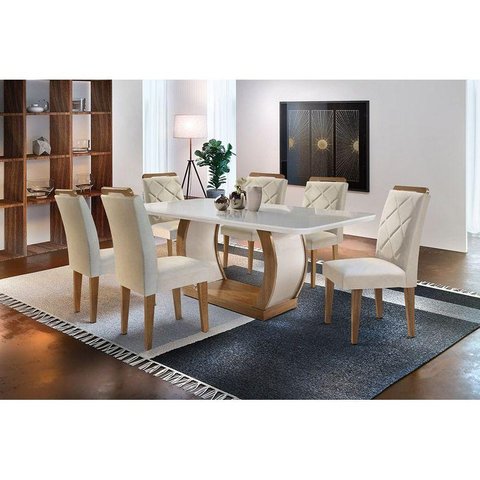 Sala de Jantar Completa Jade Tampo Madeirado c/ Vidro Canto Curvo 180cm + 6 Cadeiras Melissa Imbuia/