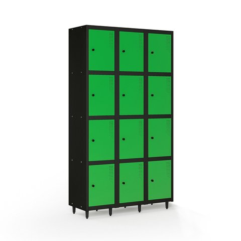 Armário Roupeiro Locker Guarda-Volume de Aço 12 Portas Pequenas com Fecho para Cadeado Vestiário Academia Verde/Preto