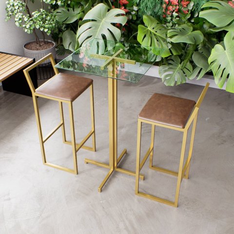 Jogo Mesa Alta Bistrô Quadrada Vidro 2 Banquetas Estofado Confort Ind Dourado Don Castro