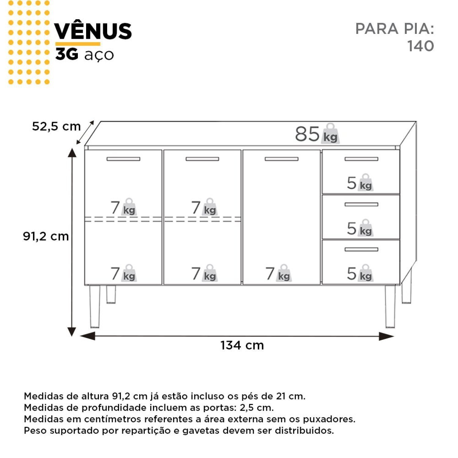 Balcão para Pia de Cozinha 140cm 3 Portas 3 Gavetas Vênus  em Aço Branco