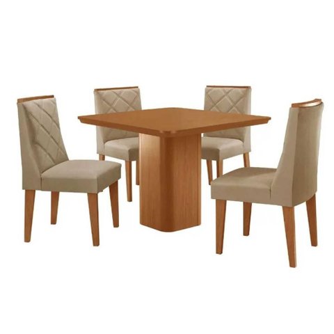 Sala de Jantar Completa Maldivas C/ Tampo Madeirado Canto Curvo 90x90cm e 4 Cadeiras Pietá Naturale